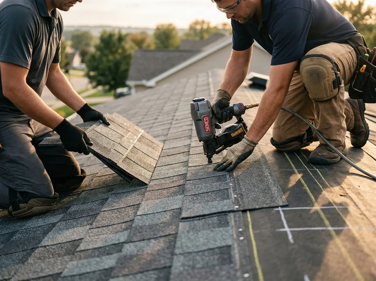Professional roofer working on a residential roof in Mayfield Heights